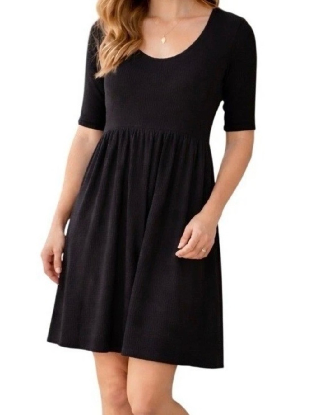 Garnet Hill Black Cotton Blend Empire Waist Swing Stretch 3/4 Sleeve Dress